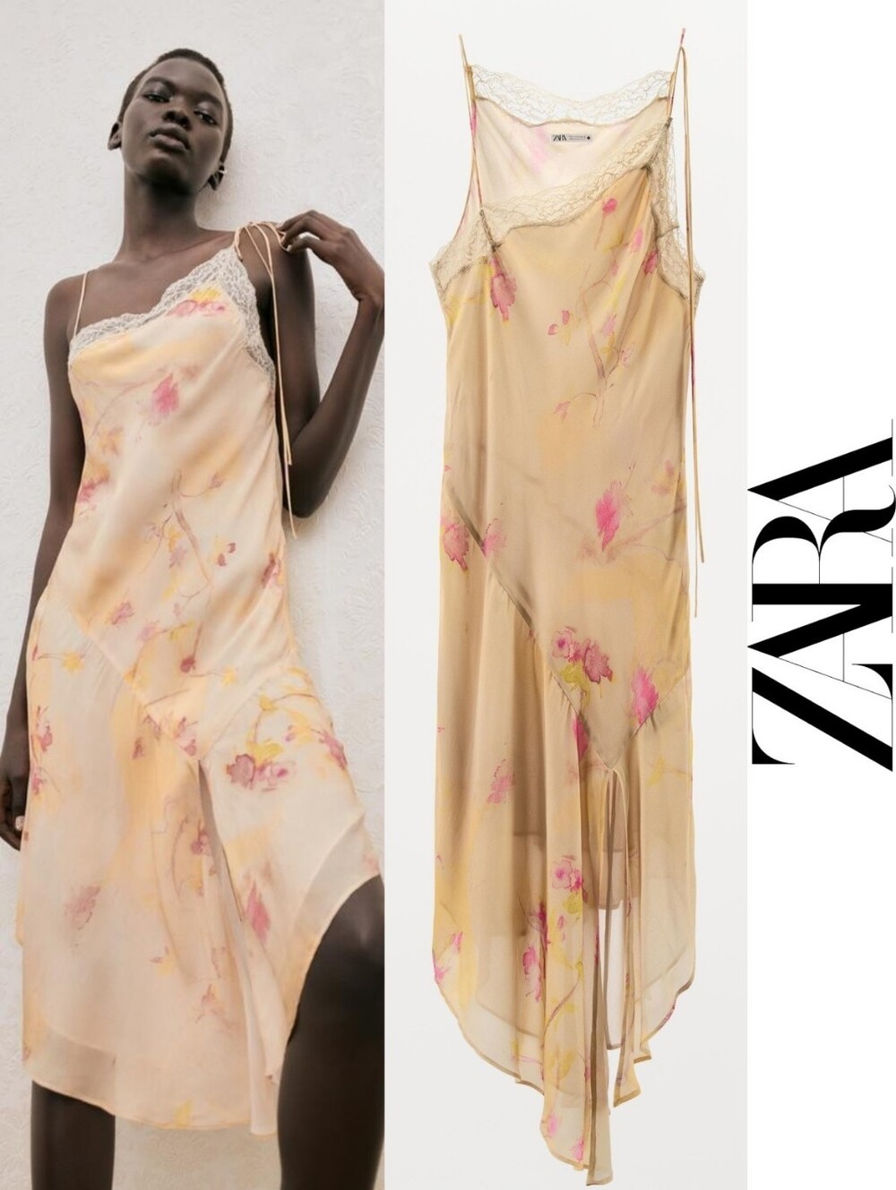 ZARA Flowing Printed Slip Midi Dress Asymmetrical Hem & Neckline - Light Tan